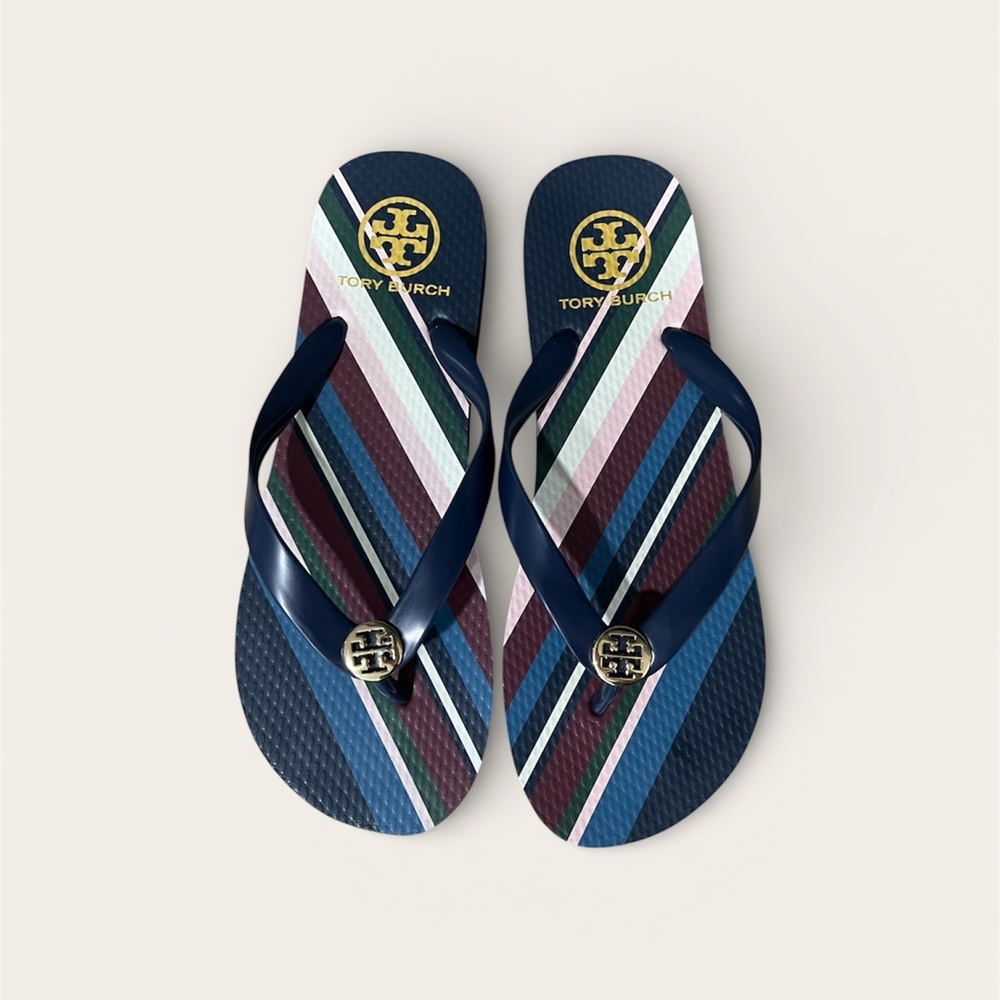 Tory Burch Striped Flip Flops - Navy and Multicolor